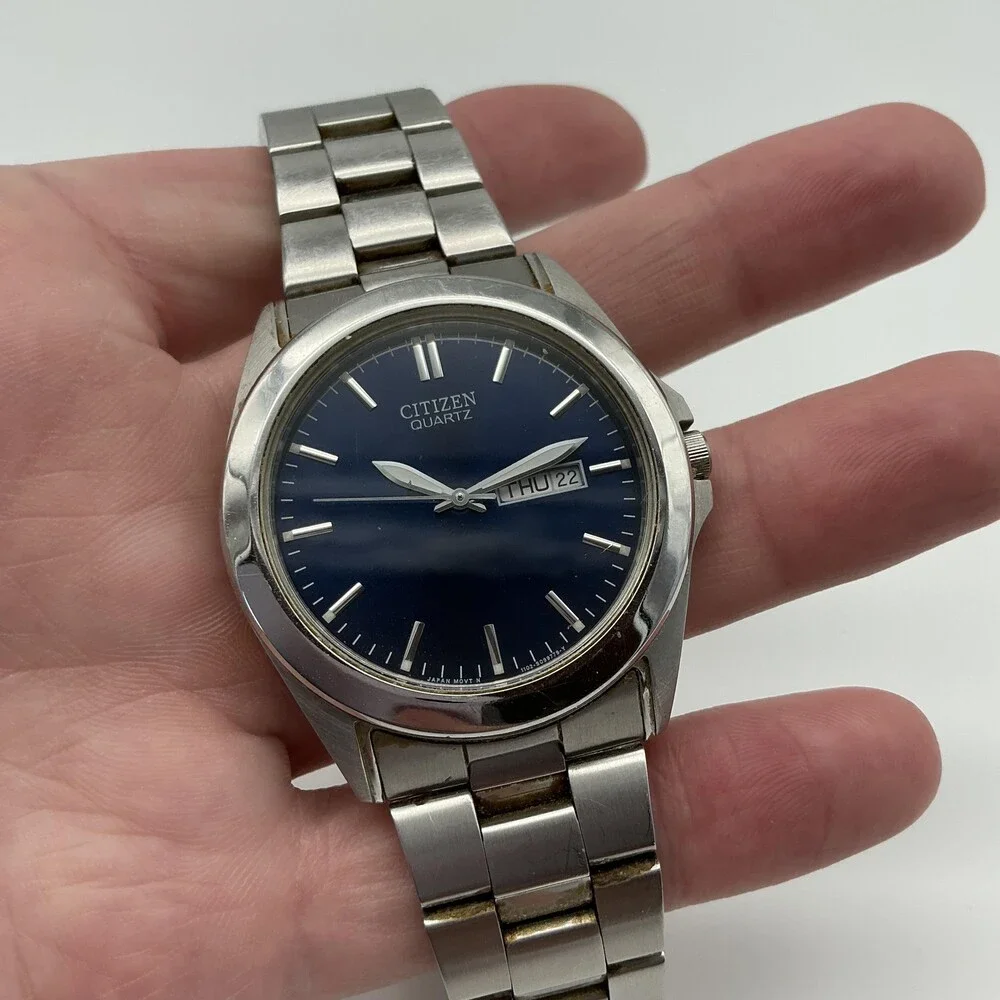 Citizen 1102-S066808 Mens Watch 39mm Blue Stainless Day Date New Battery 7.5